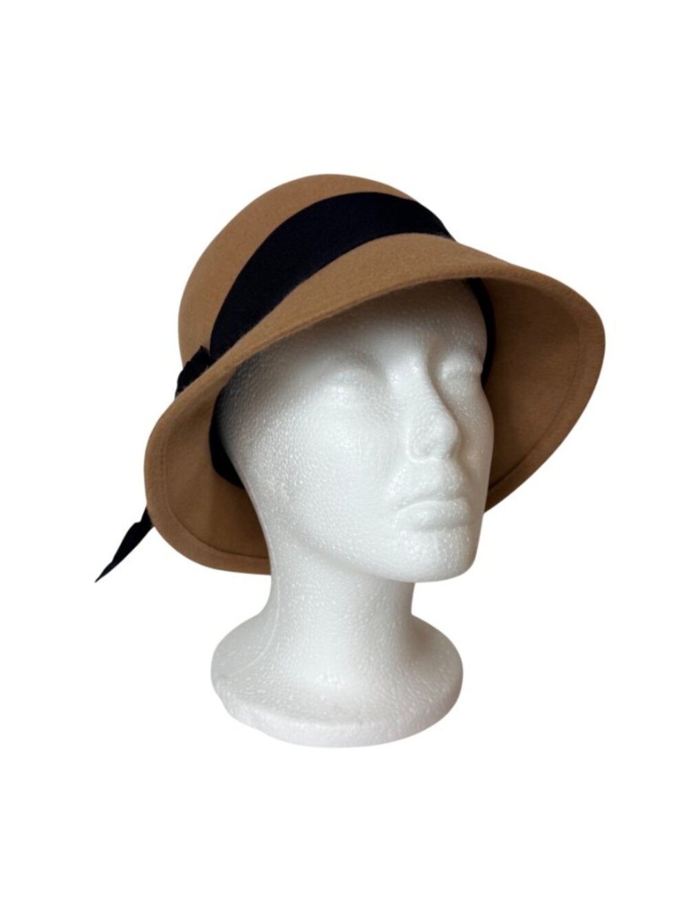 Camel Wool Cloche Hat Black Ribbon Floral Accent VTG Retro Winter Womens Fashion - Picture 5 of 16